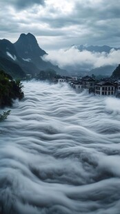 洪水汹涌淹没村庄景象
