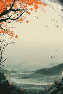 秋景山水间红叶飞鸟图