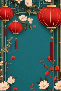 中式古风红灯笼花卉背景