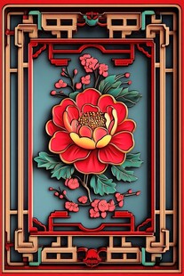 中式牡丹雕花装饰图案