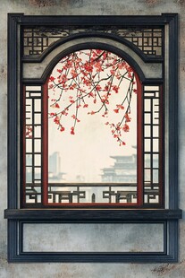 中式窗景映红梅古建筑