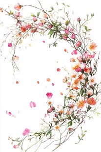梦幻花卉弯月水彩插画