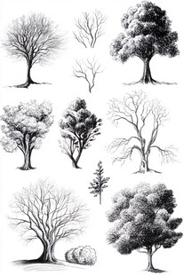 多样树木黑白手绘插画