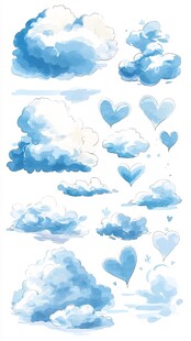 梦幻水彩云朵与爱心元素