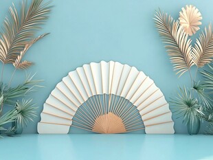 蓝色背景的折扇与绿植装饰