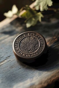 复古印章置于木质桌面上