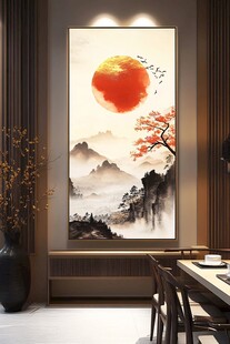 中式客厅中的山水红日挂画