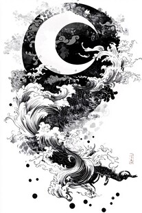 水墨新月海浪抽象艺术图
