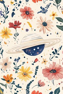 梦幻花卉与行星插画图案