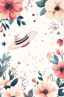 花卉环绕的梦幻土星插画