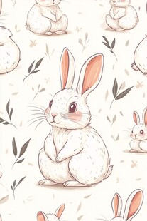 可爱白兔与枝叶无缝图案