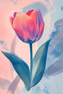 水彩风格的艳丽单支郁金香