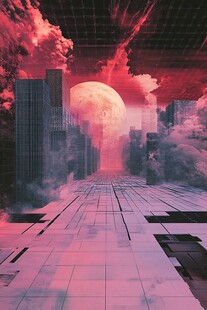 梦幻绯红都市与巨型月景
