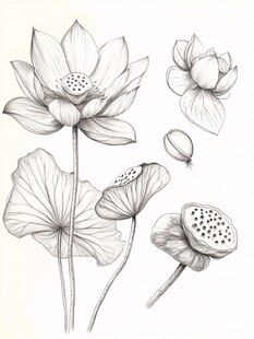 手绘荷花及莲蓬线稿图