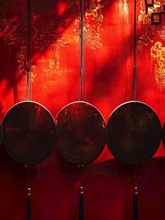 中式红墙下的传统铜锣