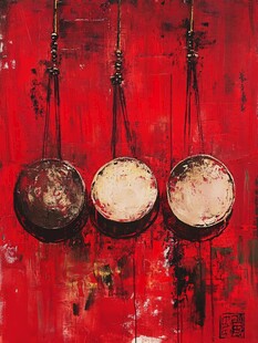 红色背景下的三面古朴铜鼓