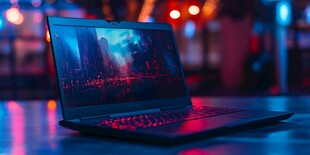 炫彩灯光下的笔记本电脑