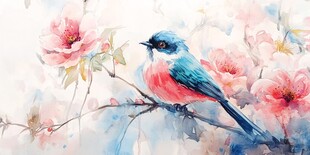 水彩画中鸟儿栖于繁花间