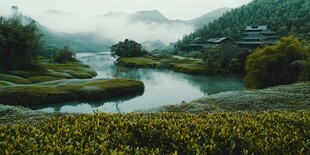 山间河畔的静谧中式美景