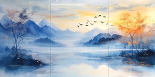 山水夕阳飞鸟唯美风景画