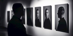 男子静赏展厅肖像摄影作品