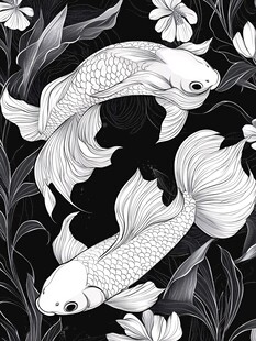 黑白金鱼花卉装饰图案
