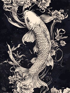 锦鲤戏花黑白艺术插画