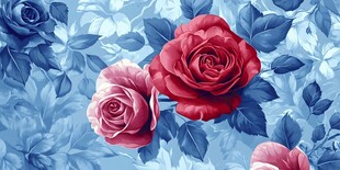 蓝底玫瑰花卉图案
