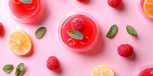 粉色背景上的鲜果饮品