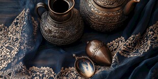 复古青铜茶具置于精美织物上