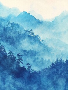 水墨蓝调山林雾景图