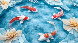 锦鲤游弋于荷花池水间