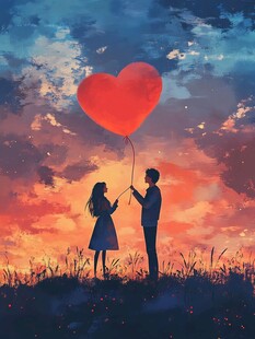 夕阳下的浪漫心形气球之约