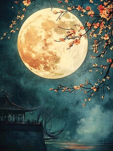 月夜湖畔花影下的古韵