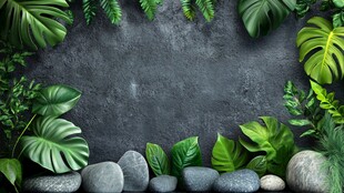 灰墙绿植与石的自然景致