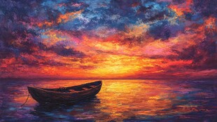 夕阳下孤舟静泊海面