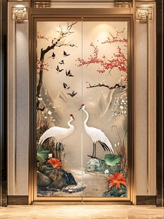 中式花鸟双鹤入户门装饰图