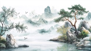 水墨山水间的松林景致