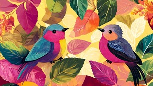 双鸟栖于多彩树叶间