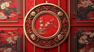 中式红墙金框花卉装饰画