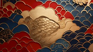 中式金鲤鱼海浪浮雕图案