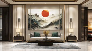 中式客厅 山水红日装饰画之美