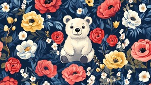 小熊坐于繁花中的图案