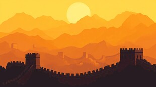 夕阳下的雄伟长城剪影