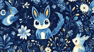 蓝调萌宠与花卉梦幻图案