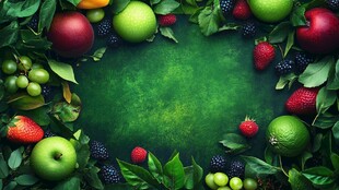 缤纷水果环绕的绿意背景