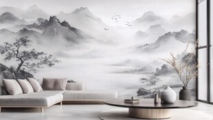 新中式客厅水墨山水背景墙