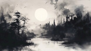 月夜下的奇幻森林城堡