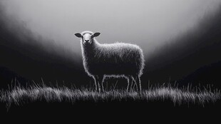 黑白光影下的孤独绵羊