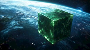 悬浮于地球的绿色科技方块